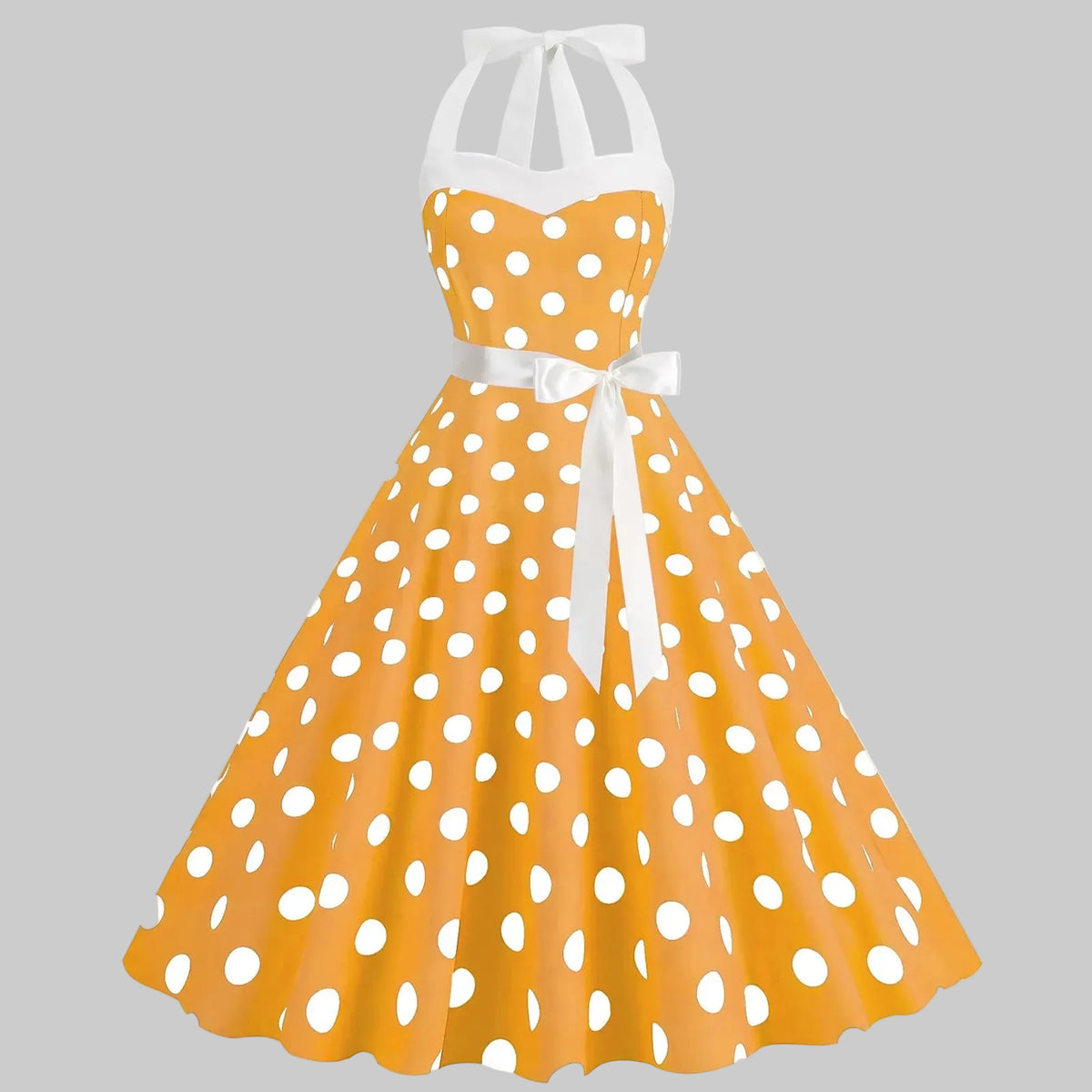 Elegantes gepunktetes Kleid mit voluminösem Rock und weitem Saum