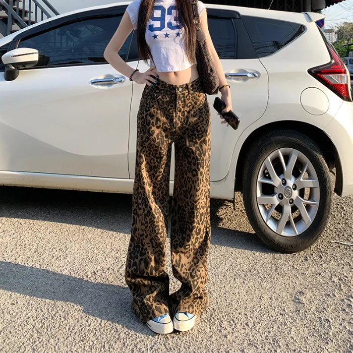 Chic Café Brown Leopard Print Wide Leg Jeans for Casual Everyday Looks