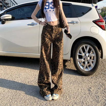 Chic Café Brown Leopard Print Wide Leg Jeans for Casual Everyday Looks