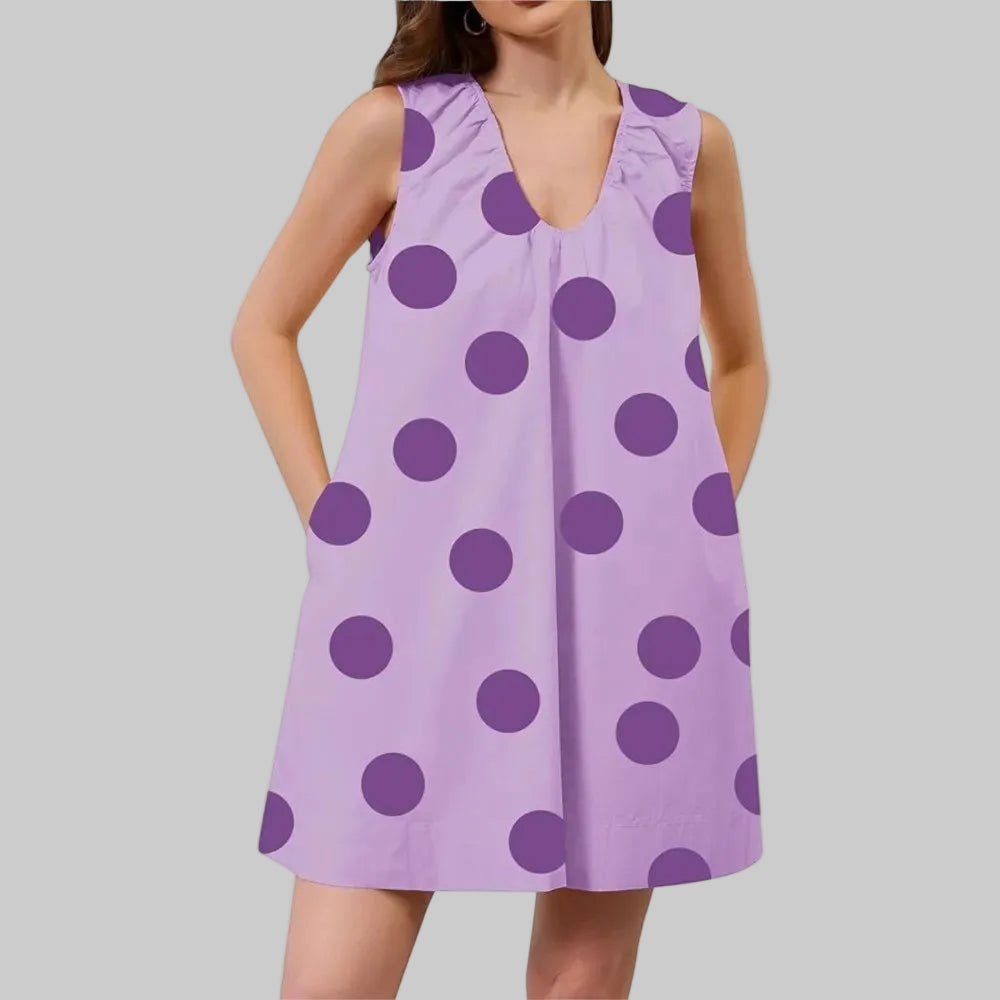 Schickes ärmelloses Kleid mit Polka Dots, V-Ausschnitt und Taschen für Strandtage