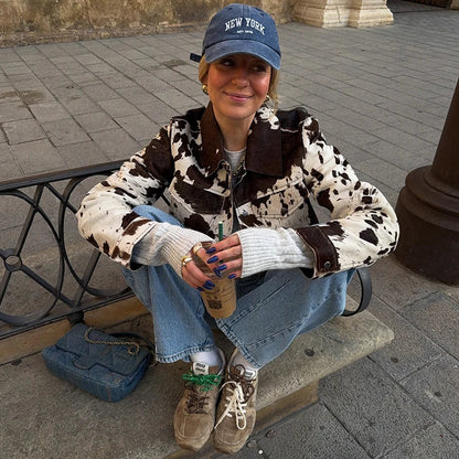 Fashion Cow Print Lapel Coat for Modern Street Style