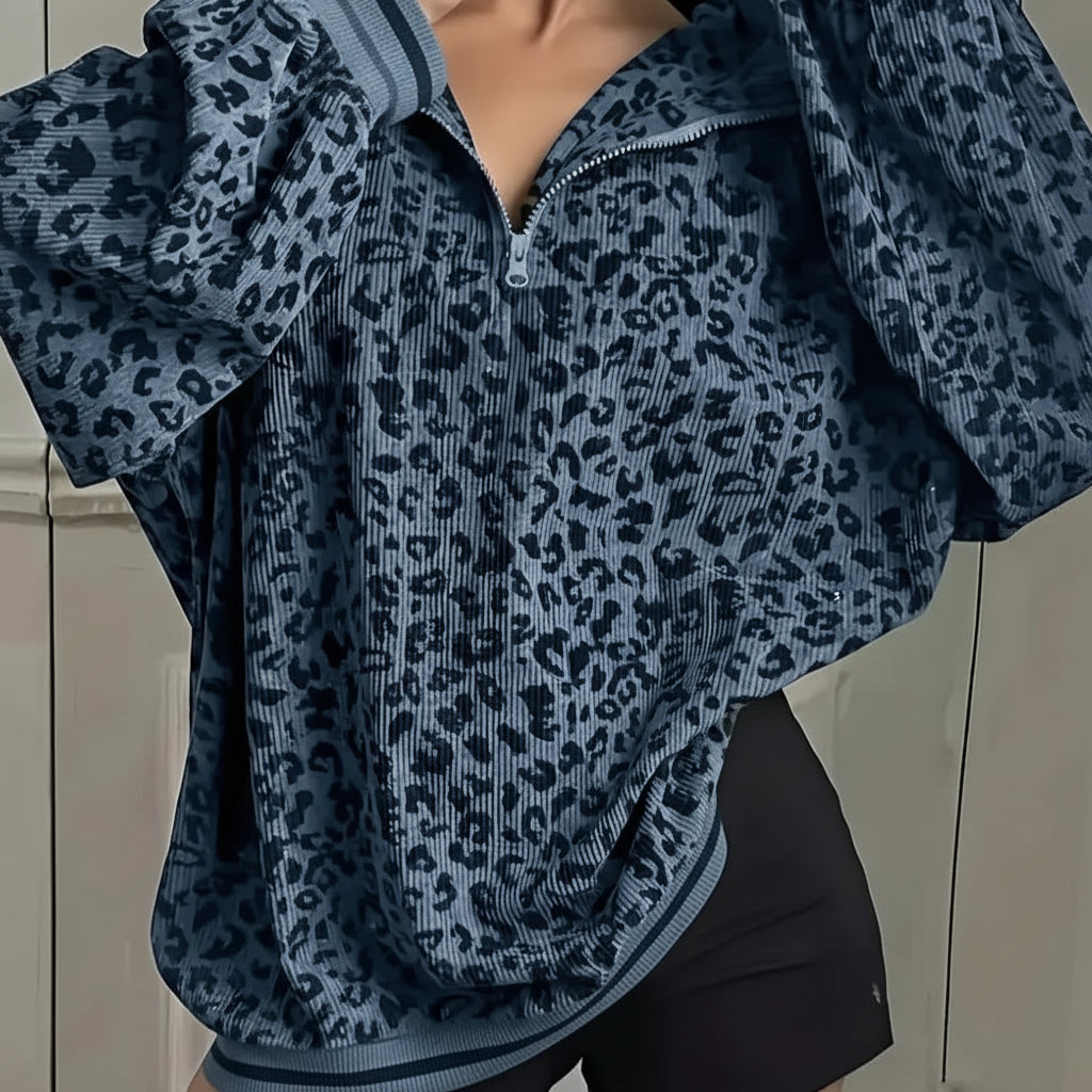 Stylisches Damen-Sweatshirt aus Cord mit Leopardenmuster und Reißverschluss vorne