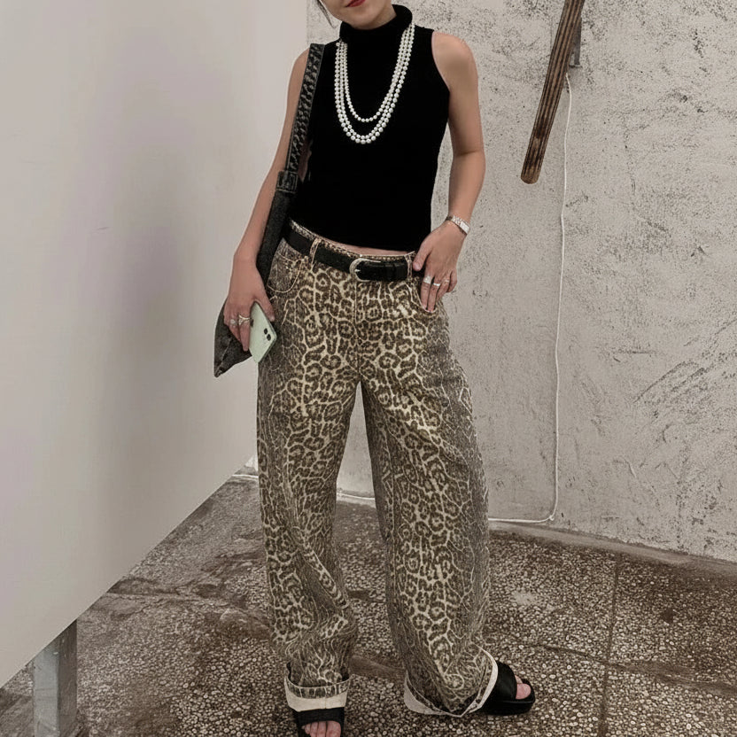 Trendy Leopard Print Baggy Cowboy Trousers for Relaxed Urban Style