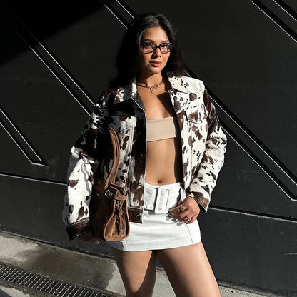 Fashion Cow Print Lapel Coat for Modern Street Style