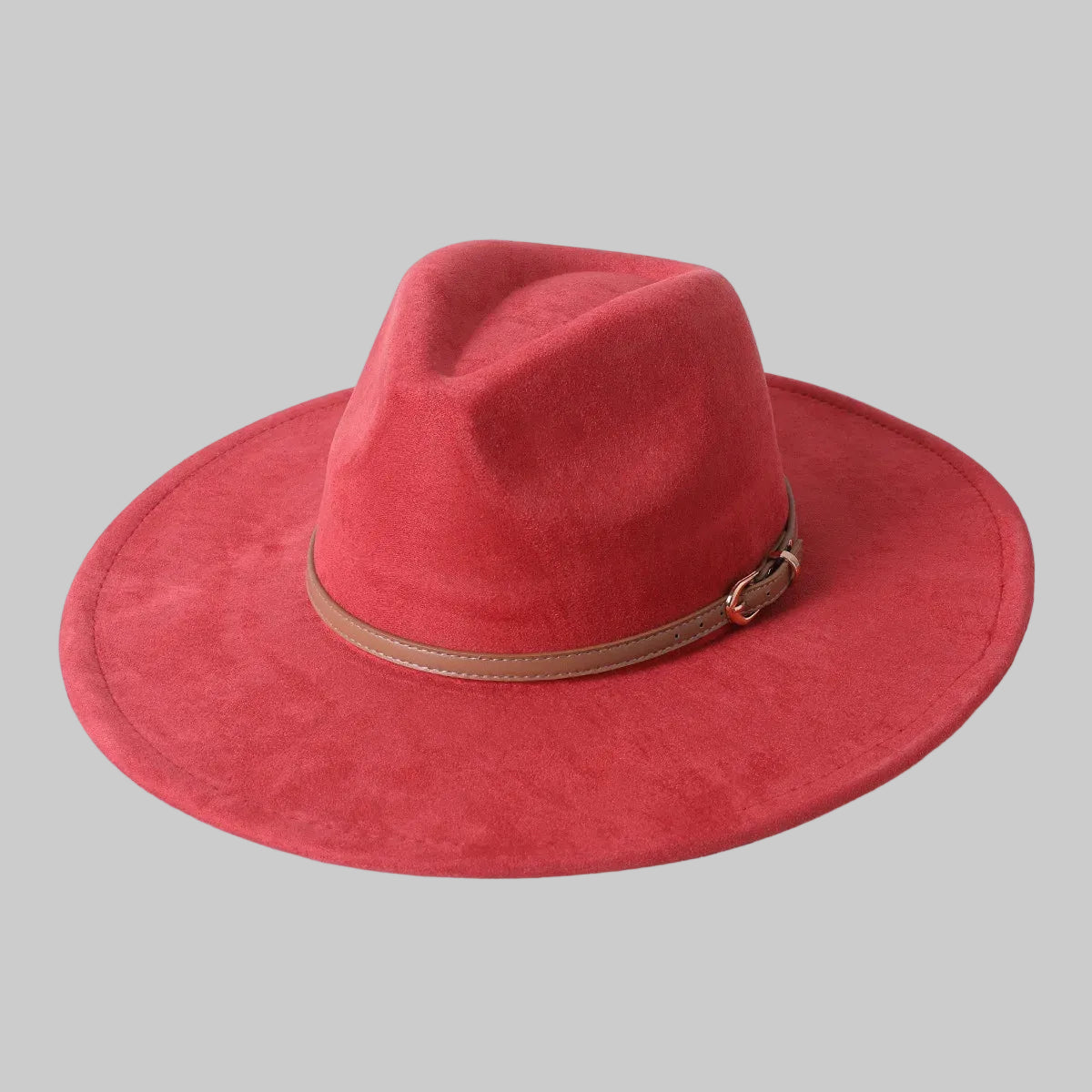 Chic Suede Wide-Brimmed Fedora Hat with Belt Accent