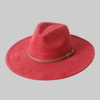 Chic Suede Wide-Brimmed Fedora Hat with Belt Accent