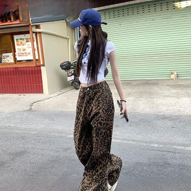 Chic Café Brown Leopard Print Wide Leg Jeans for Casual Everyday Looks