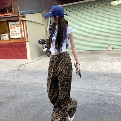 Chic Café Brown Leopard Print Wide Leg Jeans for Casual Everyday Looks