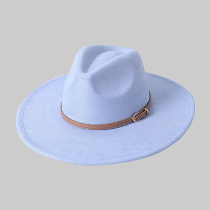 Chic Suede Wide-Brimmed Fedora Hat with Belt Accent