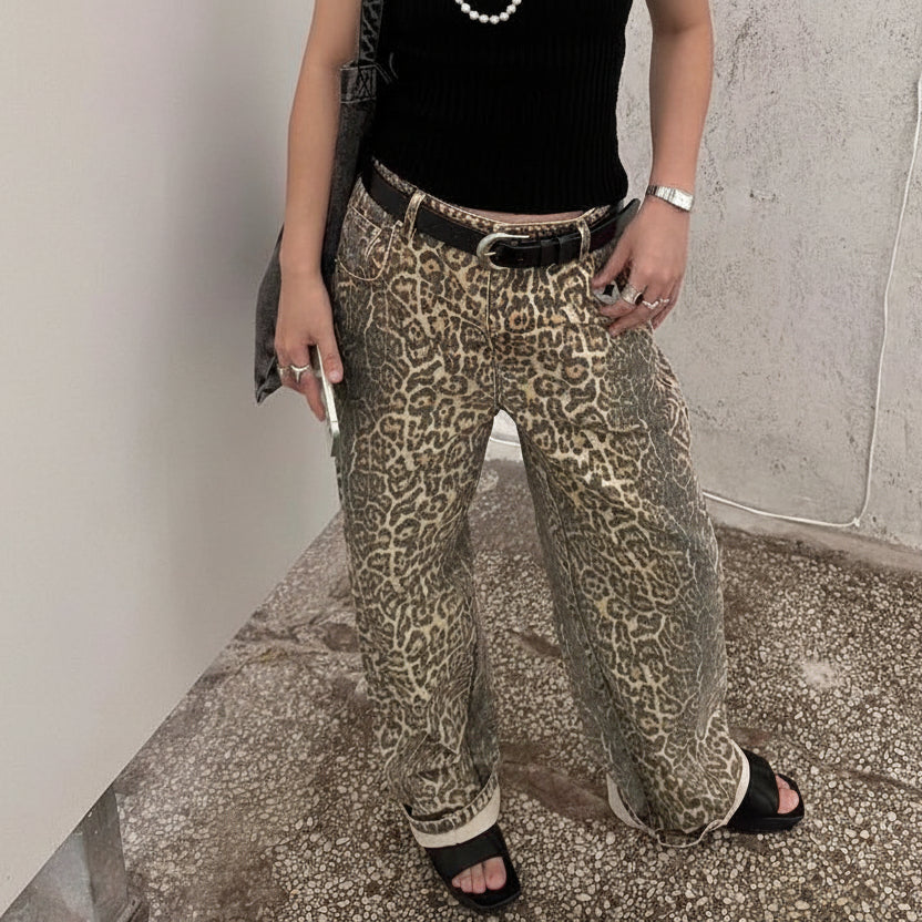 Trendy Leopard Print Baggy Cowboy Trousers for Relaxed Urban Style
