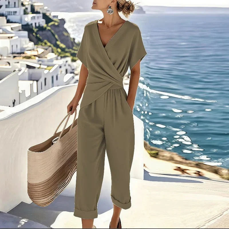 Women Elegant Two Piece Set Wrap Top Tailored Pants Outfit