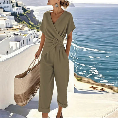 Women Elegant Two Piece Set Wrap Top Tailored Pants Outfit