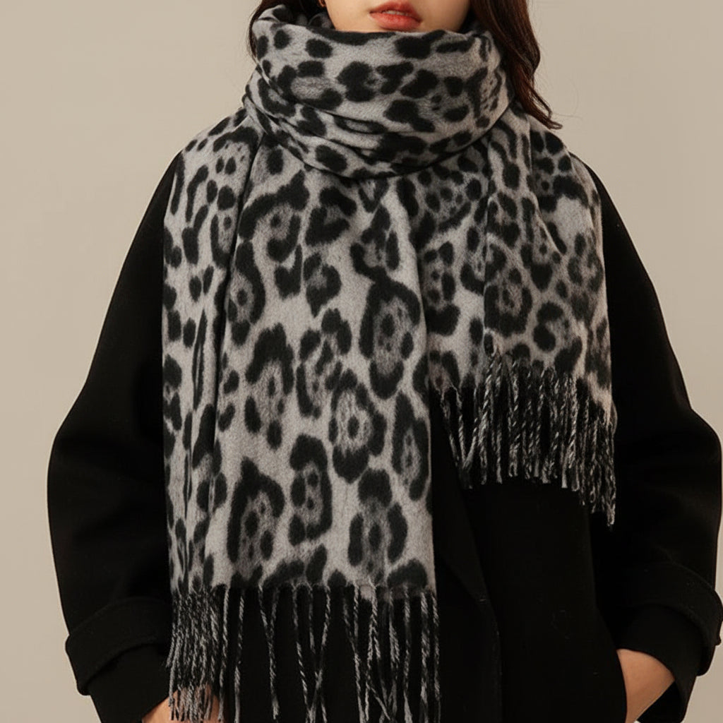 Chic Leopard Print Women’s Warm Scarf with Tassels for Cozy Style