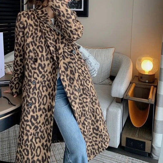 Elegant Leopard Print Woolen Overcoat for Women with Loose Fit Design