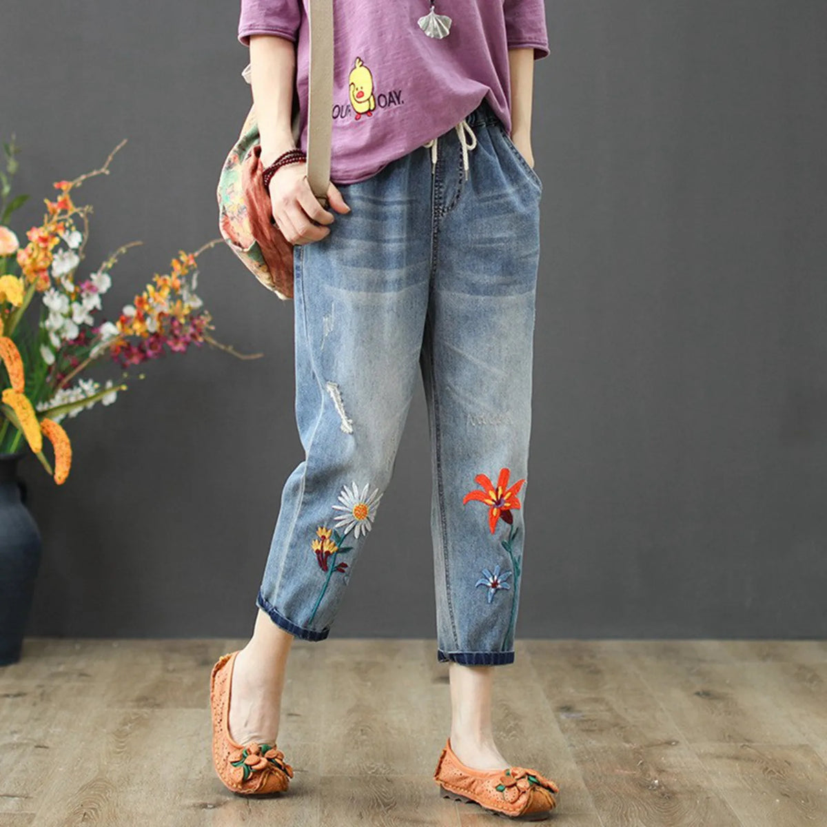 Boho bestickte, kurze Skinny-Jeans