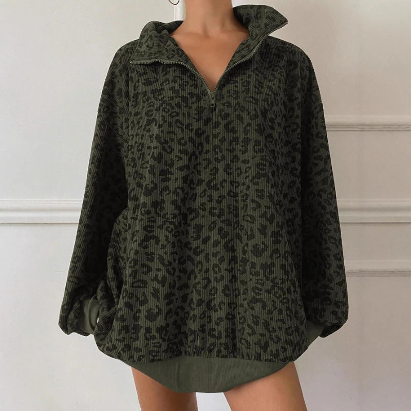 Stylisches Damen-Sweatshirt aus Cord mit Leopardenmuster und Reißverschluss vorne
