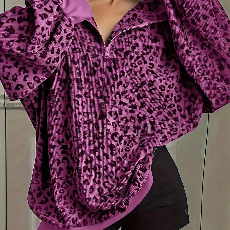 Stylisches Damen-Sweatshirt aus Cord mit Leopardenmuster und Reißverschluss vorne