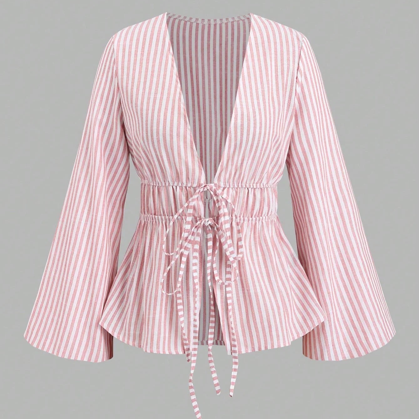 Striped Tie Bow Puff Sleeve Shirt