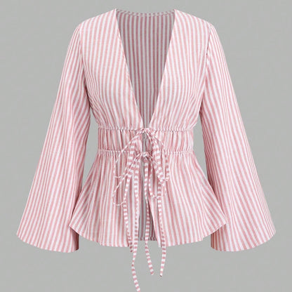 Striped Tie Bow Puff Sleeve Shirt