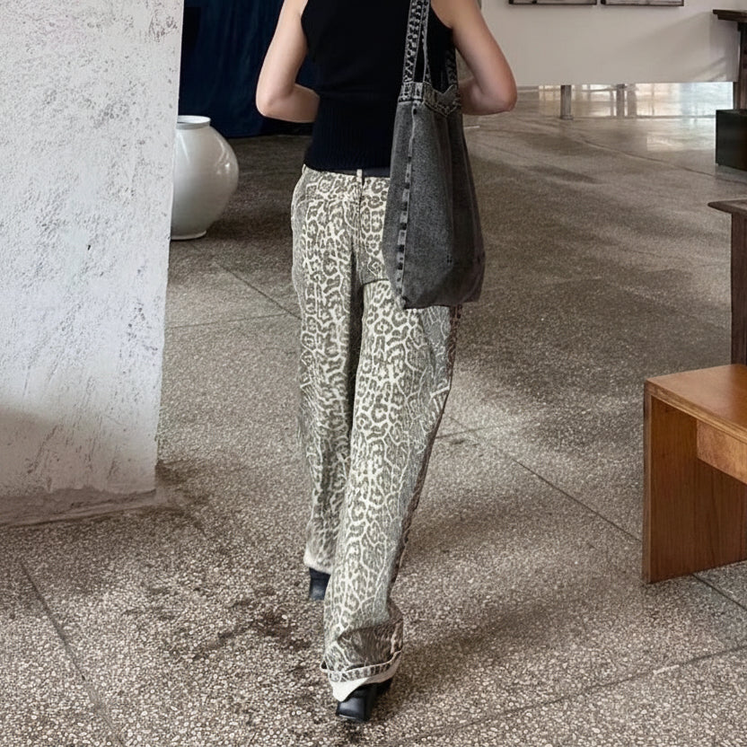 Trendy Leopard Print Baggy Cowboy Trousers for Relaxed Urban Style