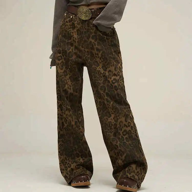 Trendy Leopard Print Baggy Cowboy Trousers for Relaxed Urban Style