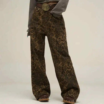 Pantaloni Cowboy Larghi con Stampa Leopardo alla Moda per uno Stile Urbano Rilassato
