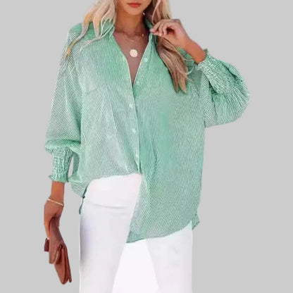 Stylish Mid-Length Striped Shirt with Drawstring Oversized Sleeves