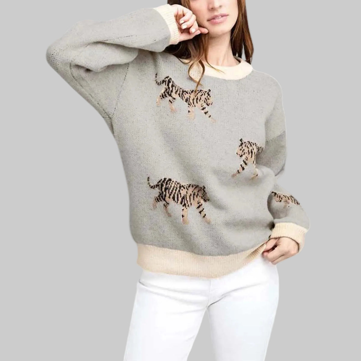 Warmer lockerer Pullover mit Tiger-Print für lässige Alltagsmode