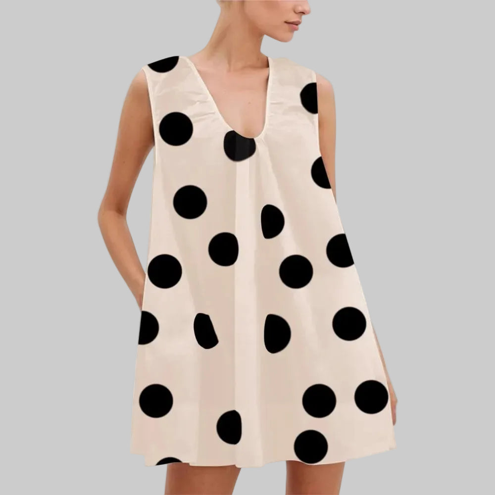 Schickes ärmelloses Kleid mit Polka Dots, V-Ausschnitt und Taschen für Strandtage