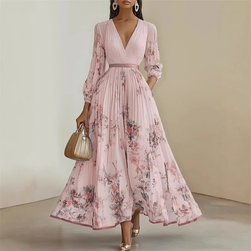 Refined Floral Long Sleeve Maxi Dress with Pleated Skirt