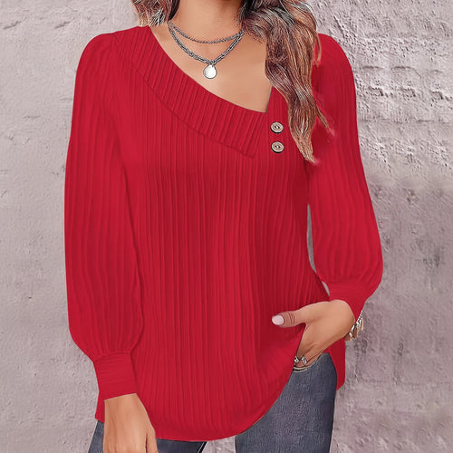 Asymmetrische Bluse mit Rippenstruktur und Puffärmeln am Hals