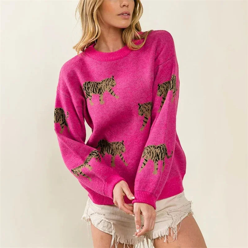 Warmer lockerer Pullover mit Tiger-Print für lässige Alltagsmode