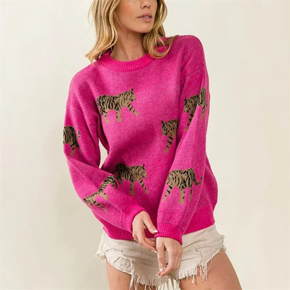 Warm Loose Tiger Print Sweater for Casual Everyday Fashion