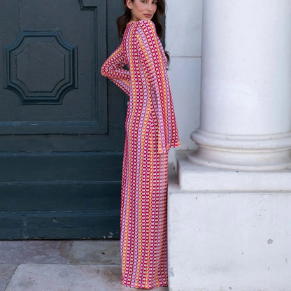 Elegant Crochet Maxi Dress with Bell Sleeves and Striped Design