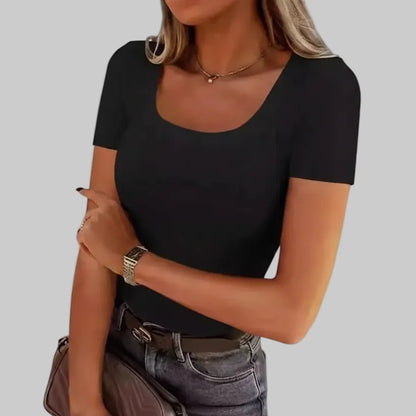 Modern Textured Short Sleeve Top with Square Neck Design