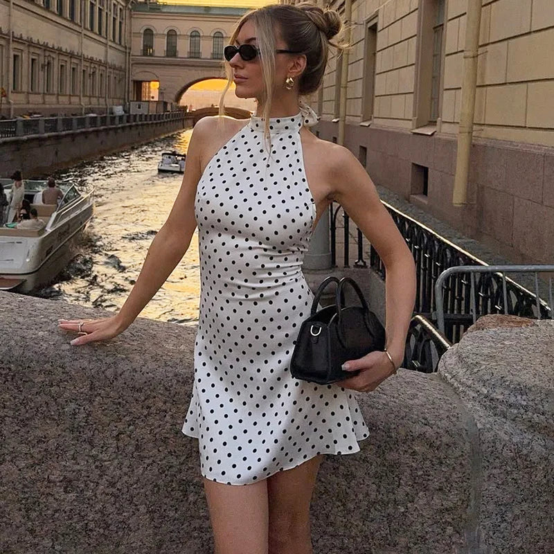 Women Polka Dot Halter Mini Dress Backless Slim Party