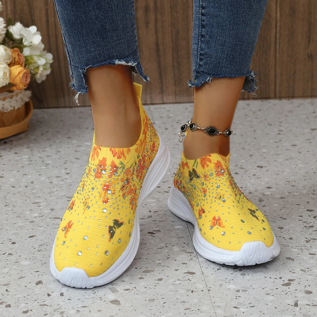 Blumenmuster Strick-Sneaker