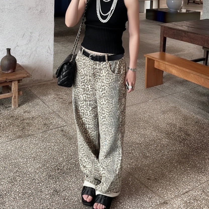 Trendy Leopard Print Baggy Cowboy Trousers for Relaxed Urban Style