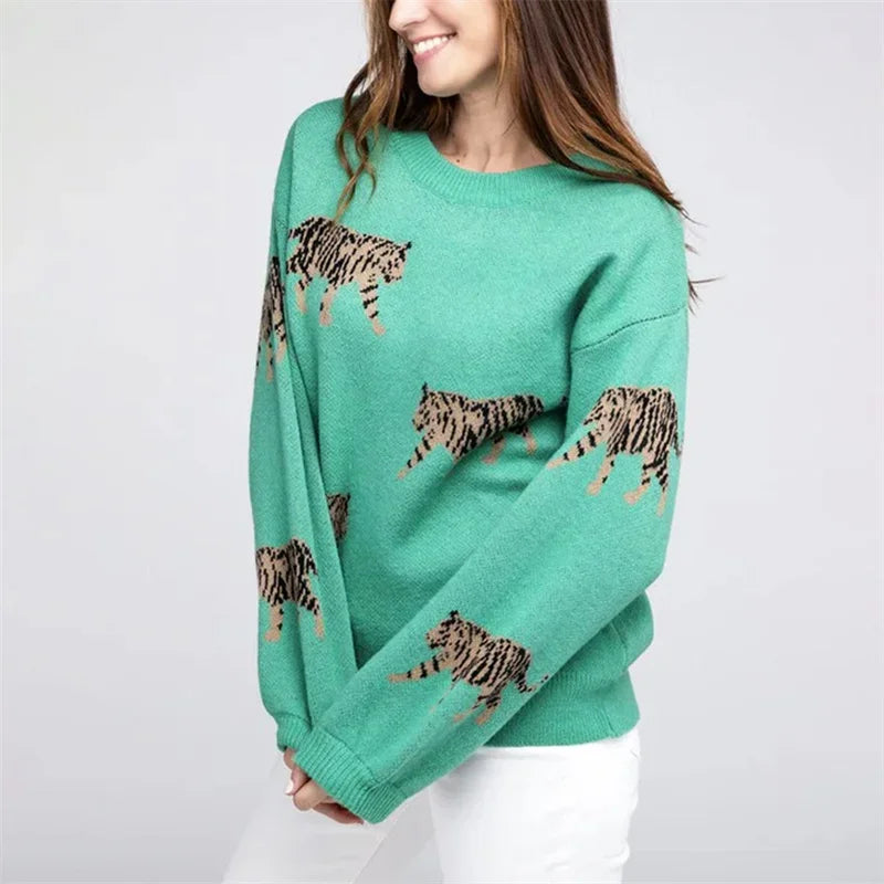 Warmer lockerer Pullover mit Tiger-Print für lässige Alltagsmode