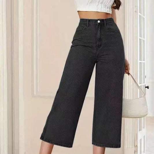 High Waisted Black Cropped Wide Jeans