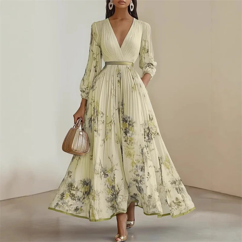 Refined Floral Long Sleeve Maxi Dress with Pleated Skirt