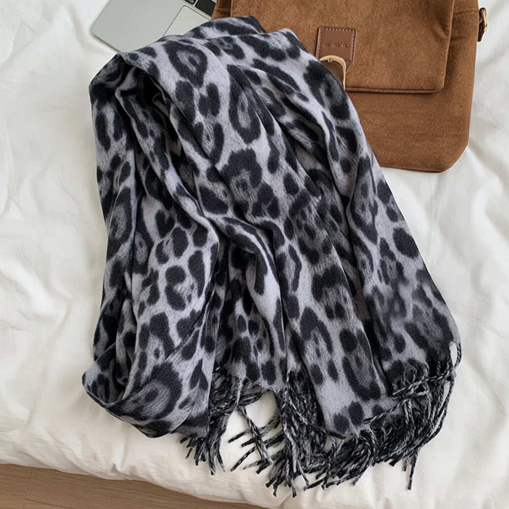 Chic Leopard Print Women’s Warm Scarf with Tassels for Cozy Style