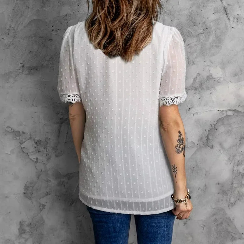 Elegantes Spitzen-Chiffon-Hemd mit kurzen Ärmeln für Büro und Freizeit