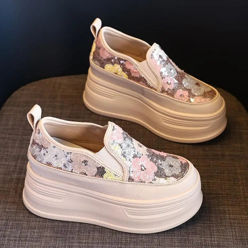 Pailletten Blumen Plateau-Sneaker