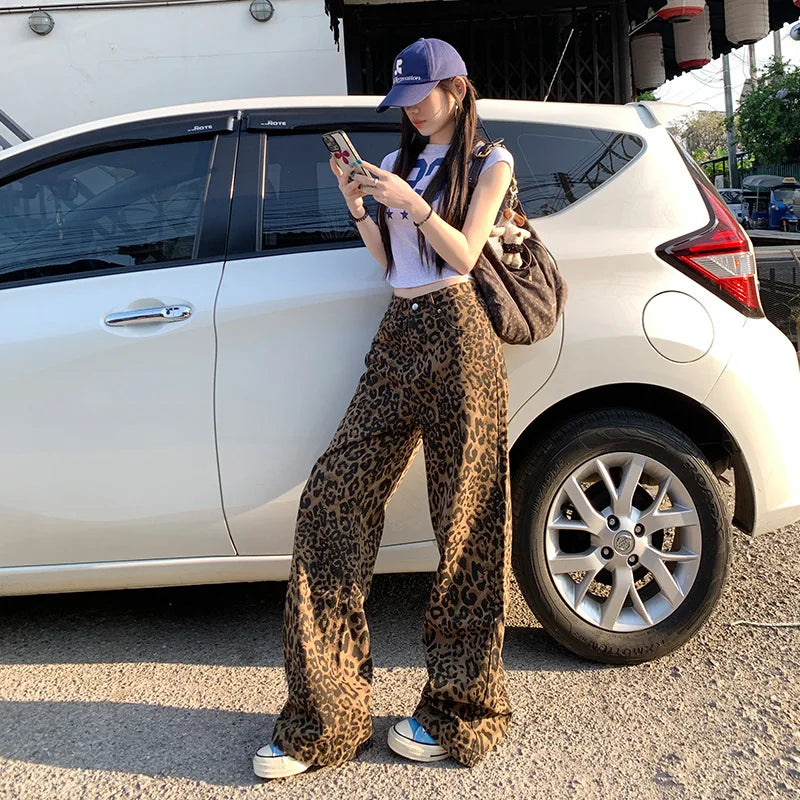 Chic Café Brown Leopard Print Wide Leg Jeans for Casual Everyday Looks