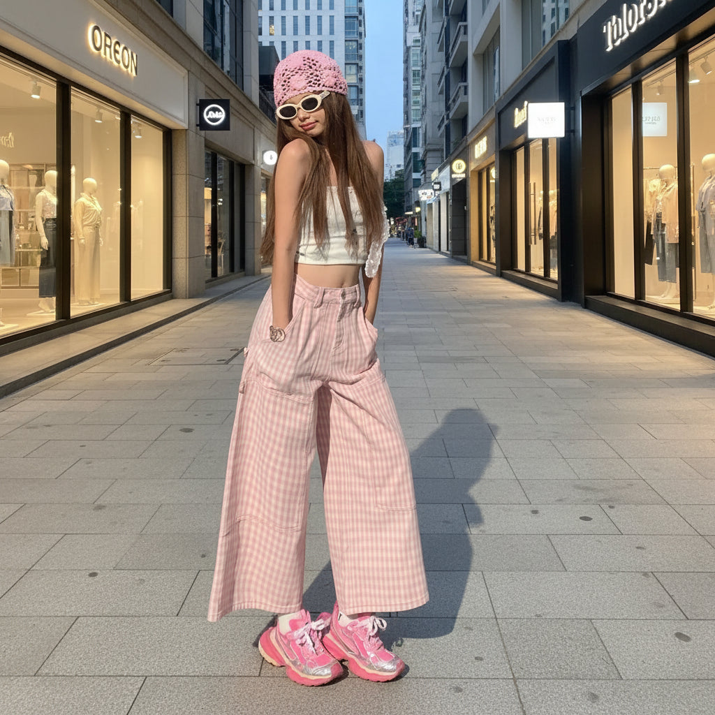 Hoch taillierte, karierte, weite kurze Hose