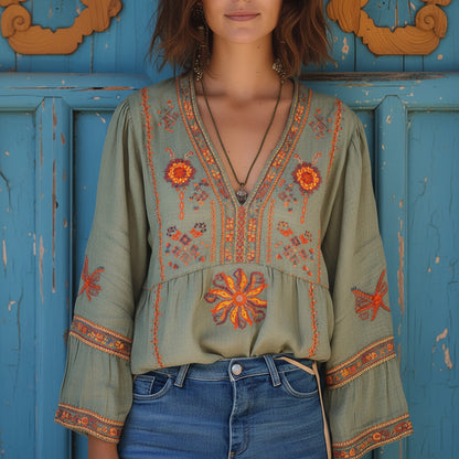 Stylische Boho-Bluse mit Stickerei für bequemen Tragekomfort den ganzen Tag