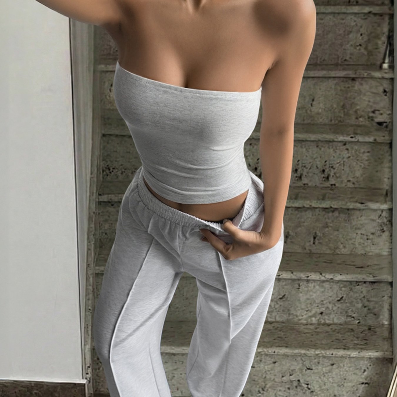 Trendy Strapless Vest and Trousers Set for Vacation Style