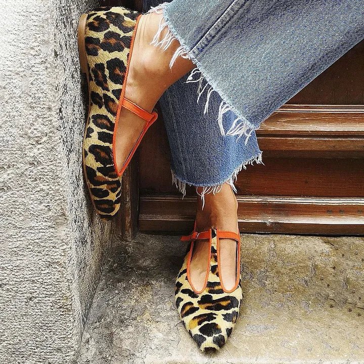 Women Bold Leopard Print T Strap Flat Shoes