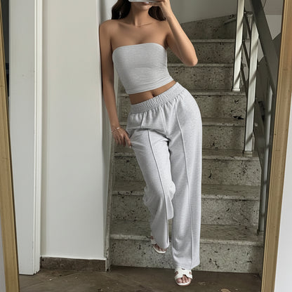 Trendy Strapless Vest and Trousers Set for Vacation Style